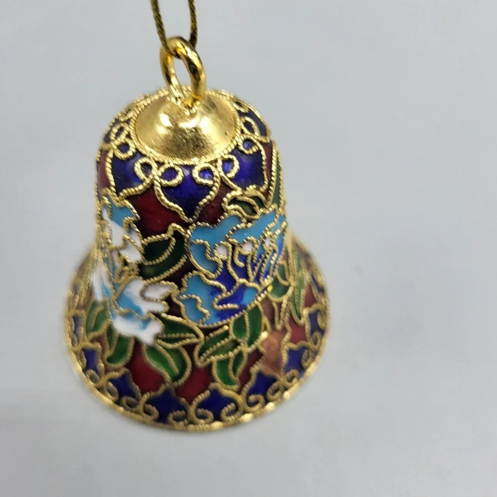 Cloisonne Bell Ornament Floral Enamel Filigree Blue Red Gold Holiday Decor
